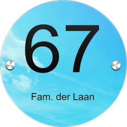 Huisnummerbord 150mm rond plexiglas, naambordje, huisnummerbordjes, model 2005